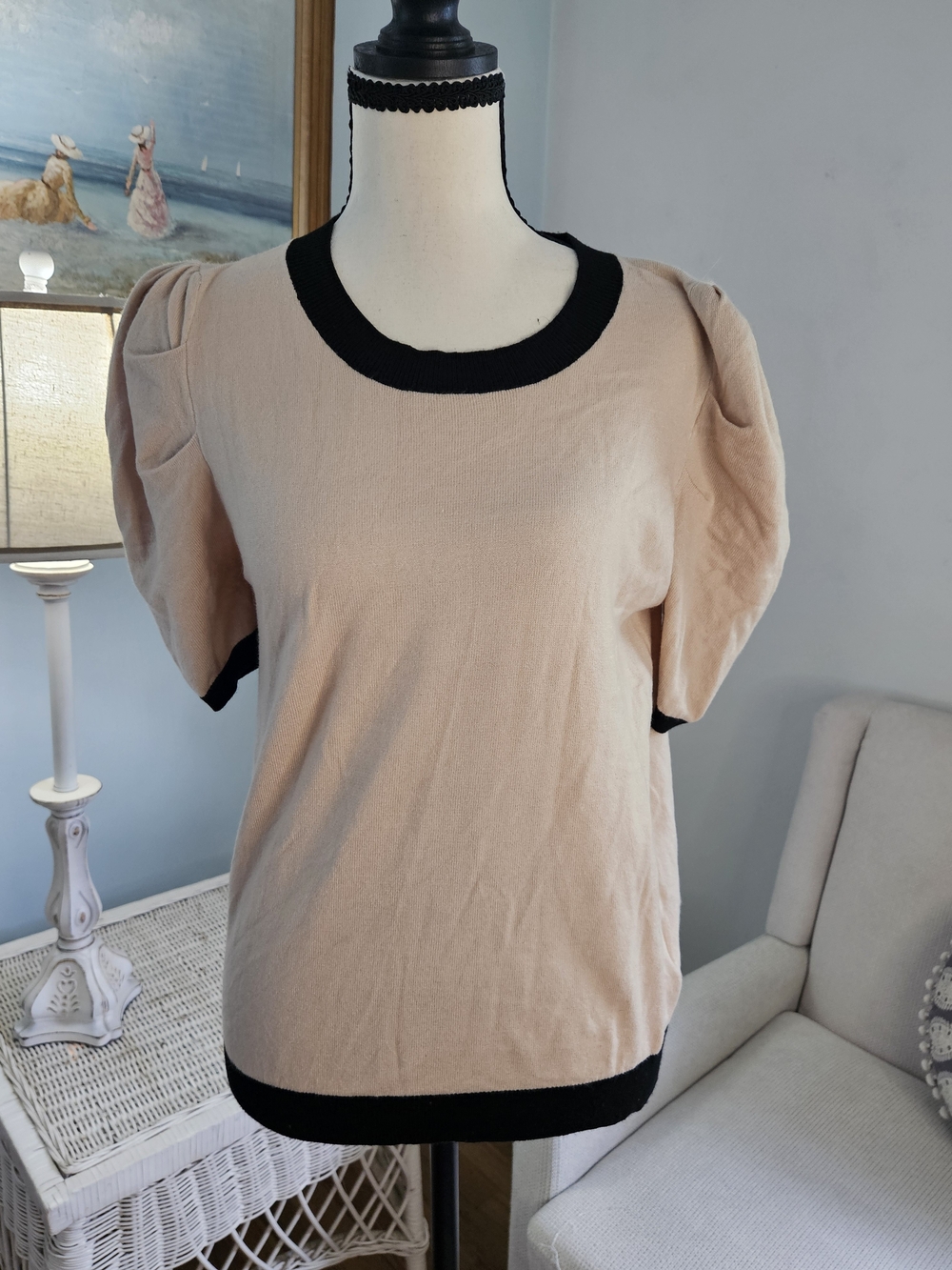 Beige Short Puff-Sleeve Knit Top with Black Trim